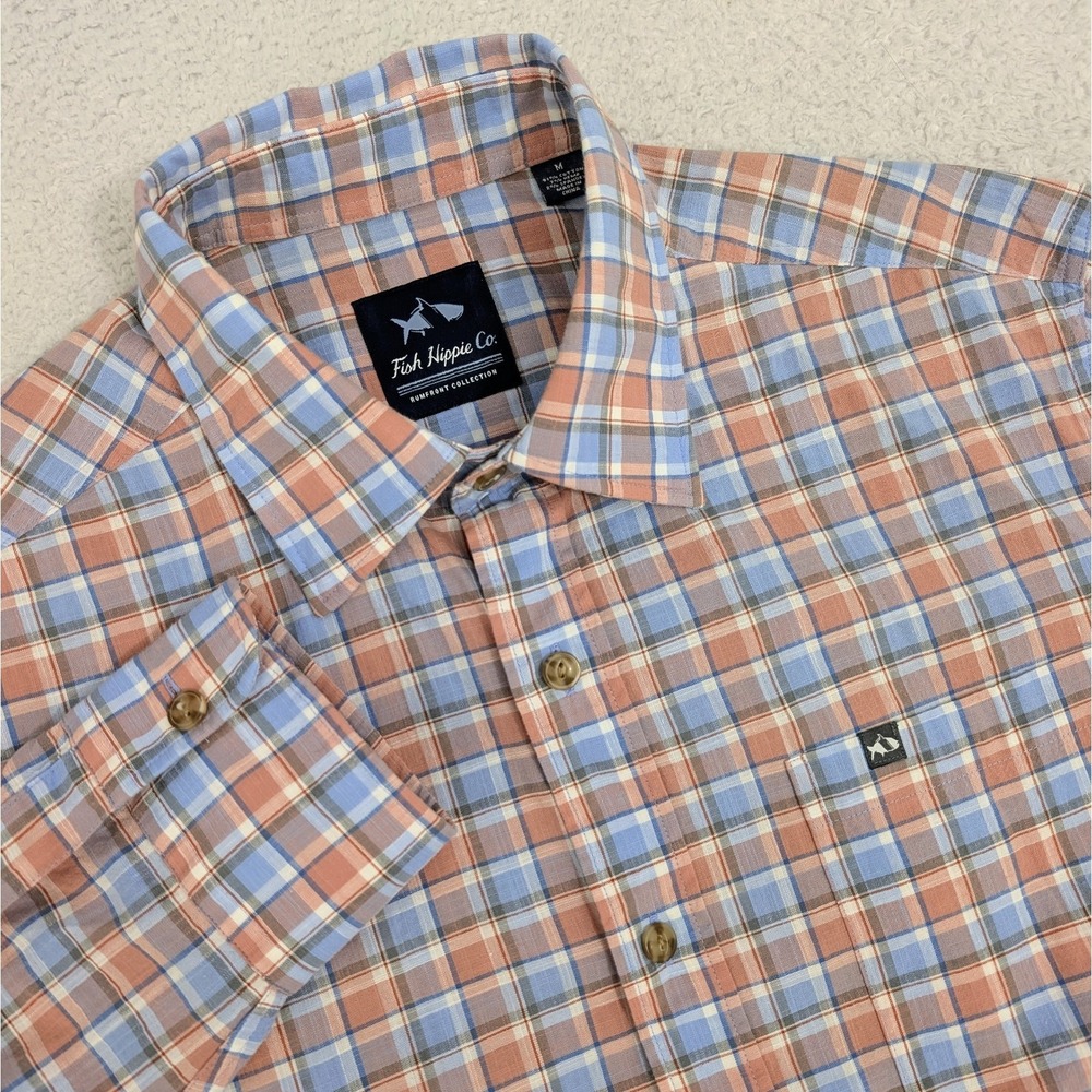 Fish Hippie Mens Medium Blue Pink Plaid Lightweight Hemp Button Up Shirt Stretch